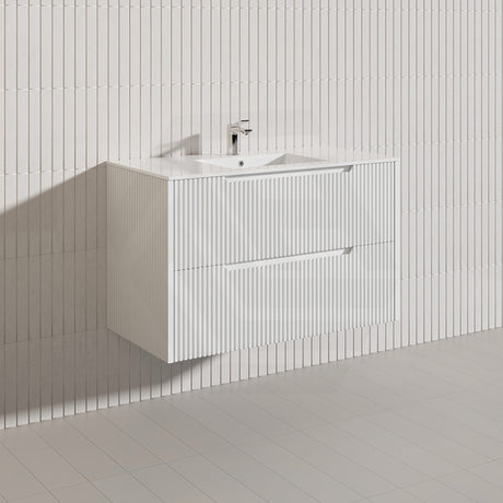 600-1500mm Bali Wall Hung Bathroom Floating Vanity Matt White Linear Fluted Cabinet PVC Coating