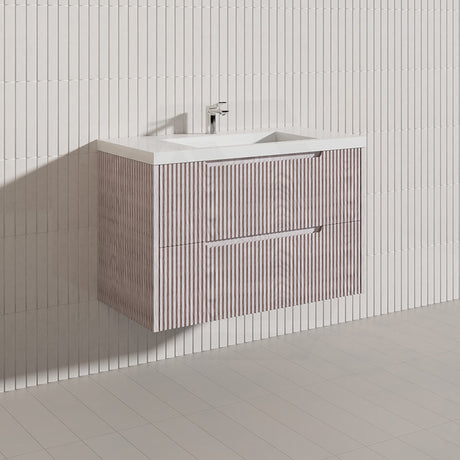 600-1500mm Bali Wall Hung Bathroom Floating Vanity White Oak Linear Fluted Cabinet PVC Coating