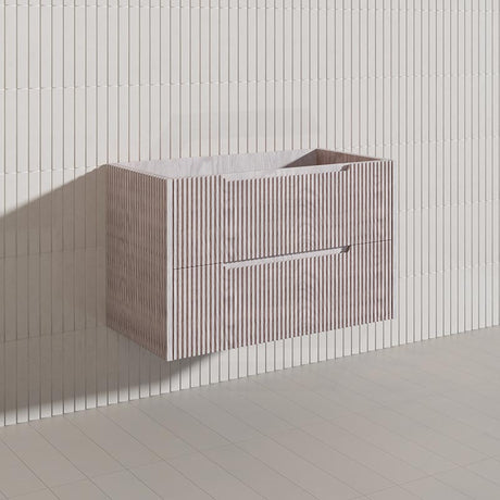 600-1500mm Bali Wall Hung Bathroom Floating Vanity White Oak Linear Fluted Cabinet PVC Coating