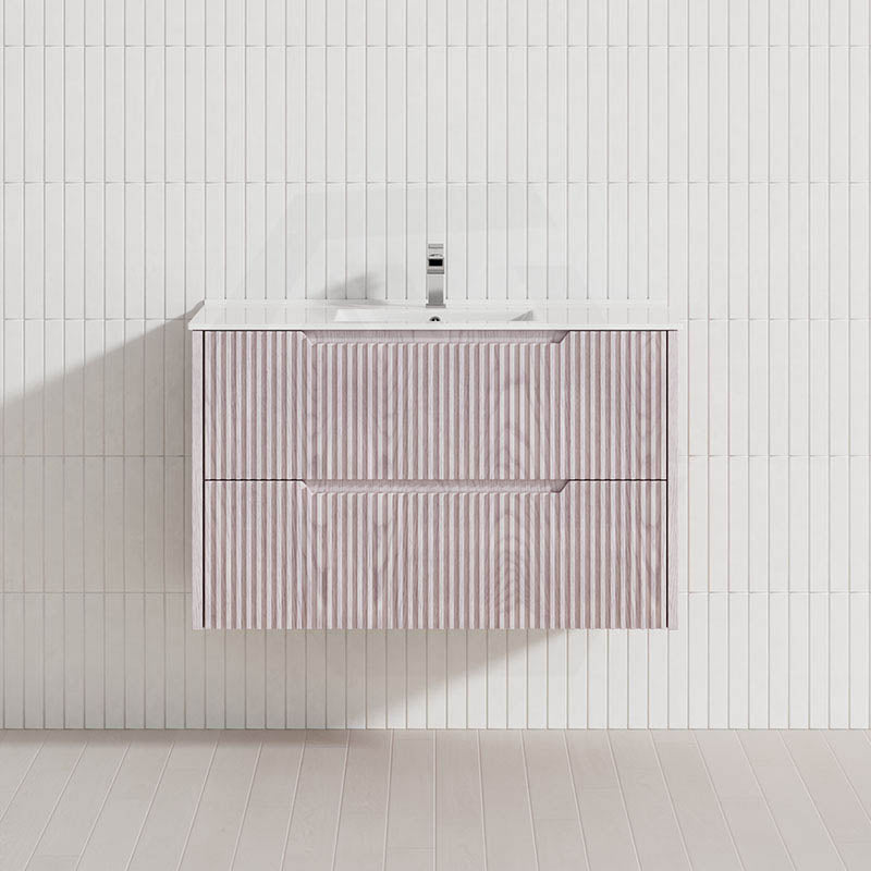 600-1500mm Bali Wall Hung Bathroom Floating Vanity White Oak Linear Fluted Cabinet PVC Coating