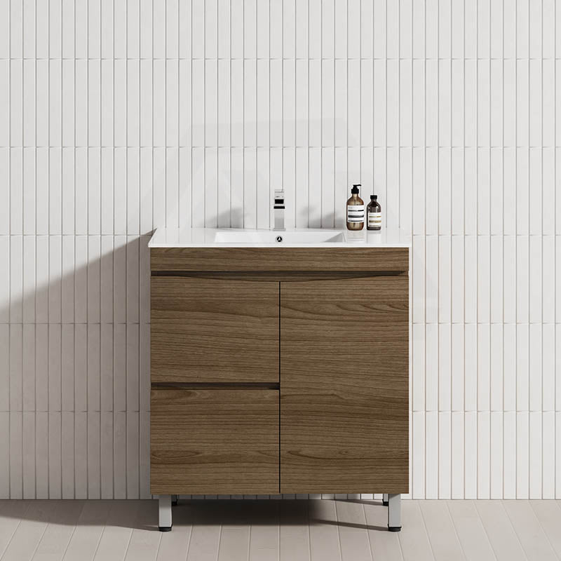750mm Freestanding MDF Vanity Curve Edge Dark Oak Finish Left / Right Drawers Cabinet ONLY for Bathroom