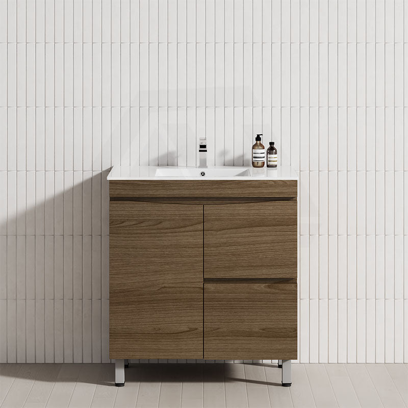 750mm Freestanding MDF Vanity Curve Edge Dark Oak Finish Left / Right Drawers Cabinet ONLY for Bathroom