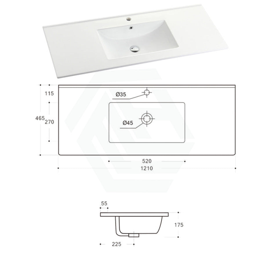 1210X465X175Mm Ceramic Top For Bathroom Vanity Single Bowl 1 Or 3 Tap Holes Available Gloss White