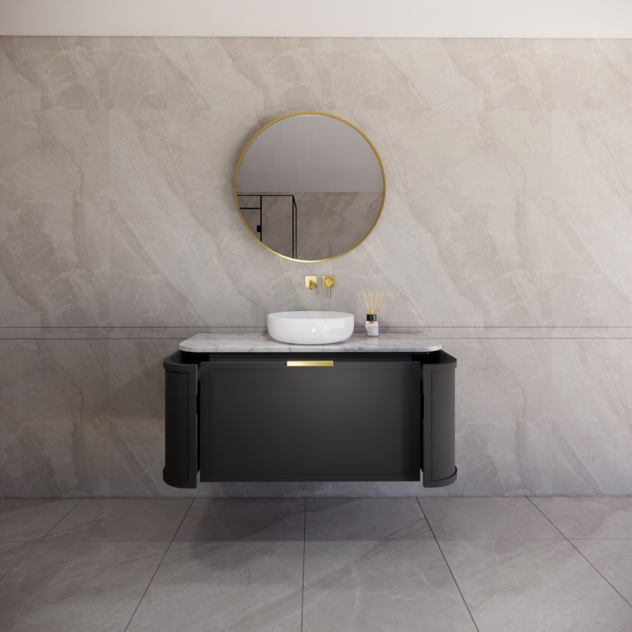 600-1500mm Houston Matt White/Black Plywood Curved Wall Hung Vanity With Variant Color Handle