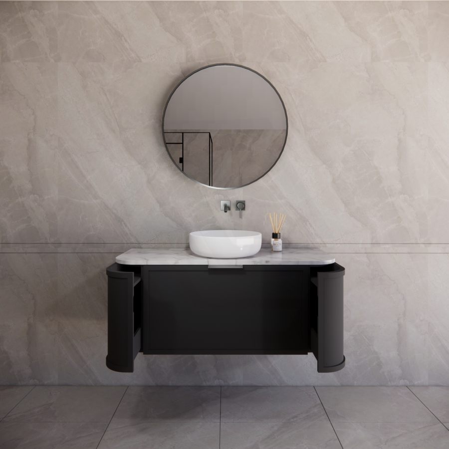 600-1500mm Houston Matt White/Black Plywood Curved Wall Hung Vanity With Variant Color Handle