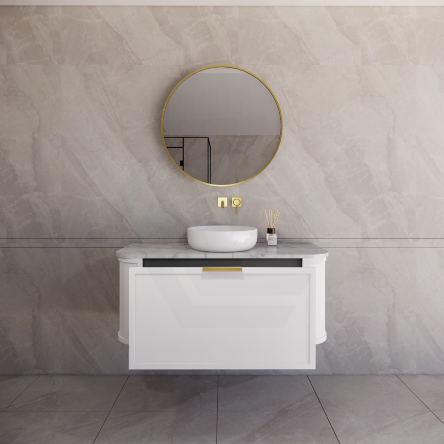 600-1500mm Houston Matt White/Black Plywood Curved Wall Hung Vanity With Variant Color Handle