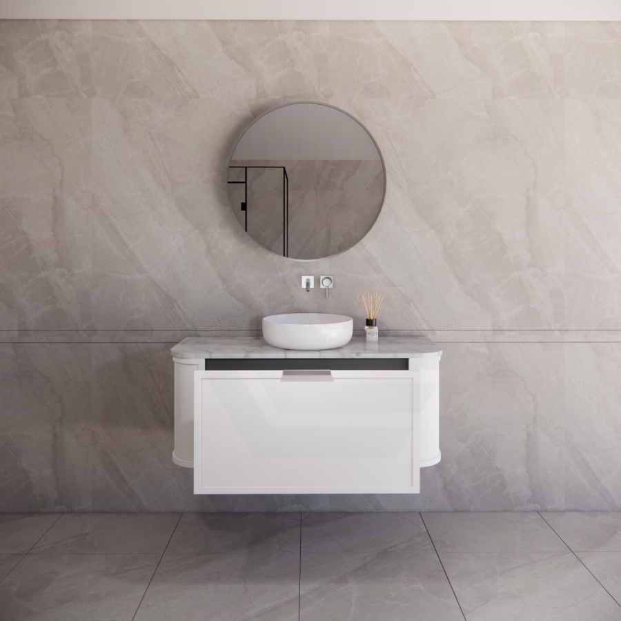 600-1500mm Houston Matt White/Black Plywood Curved Wall Hung Vanity With Variant Color Handle
