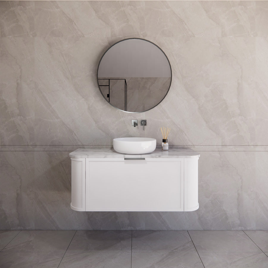 600-1500mm Houston Matt White/Black Plywood Curved Wall Hung Vanity With Variant Color Handle