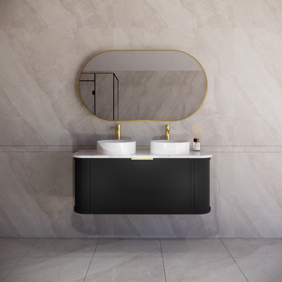 600-1500mm Houston Matt White/Black Plywood Curved Wall Hung Vanity With Variant Color Handle