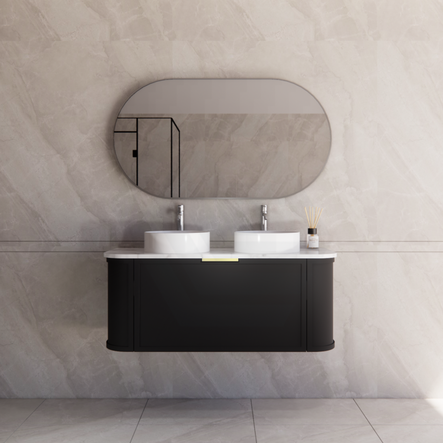 600-1500mm Houston Matt White/Black Plywood Curved Wall Hung Vanity With Variant Color Handle