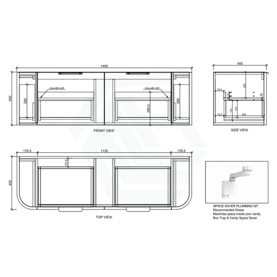 600-1500mm Houston Matt White/Black Plywood Curved Wall Hung Vanity With Variant Color Handle