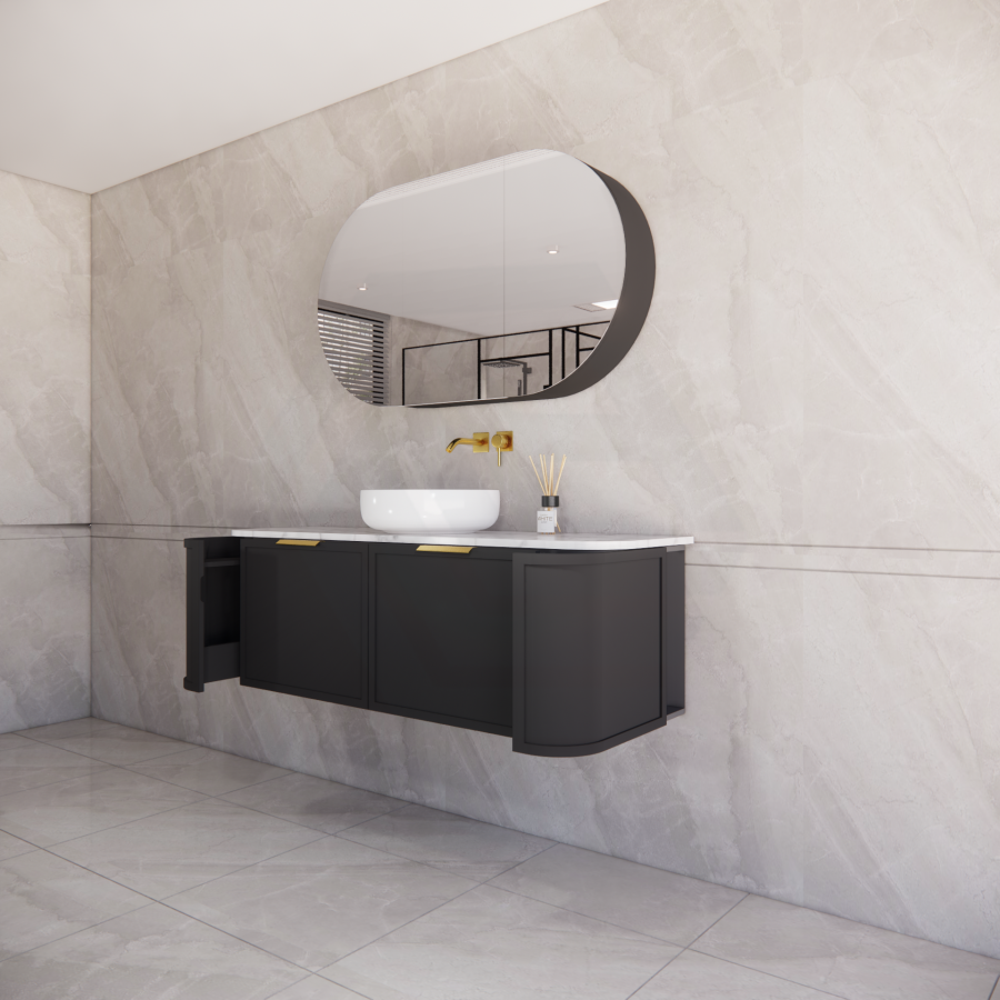 600-1500mm Houston Matt White/Black Plywood Curved Wall Hung Vanity With Variant Color Handle