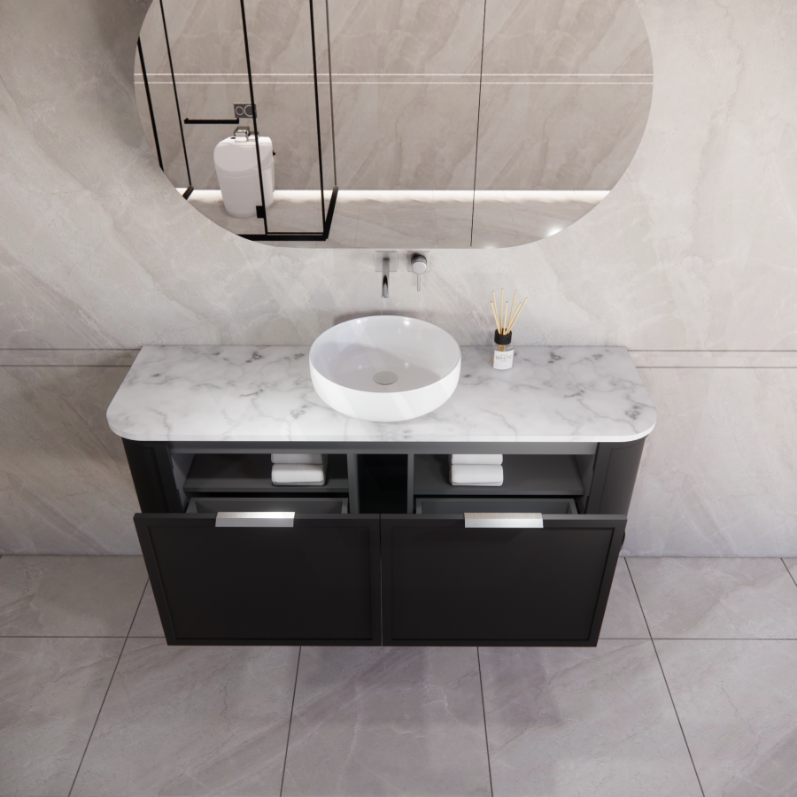 600-1500mm Houston Matt White/Black Plywood Curved Wall Hung Vanity With Variant Color Handle
