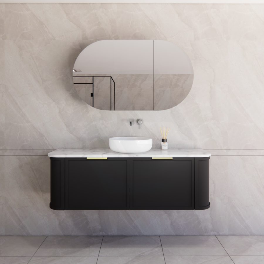 600-1500mm Houston Matt White/Black Plywood Curved Wall Hung Vanity With Variant Color Handle