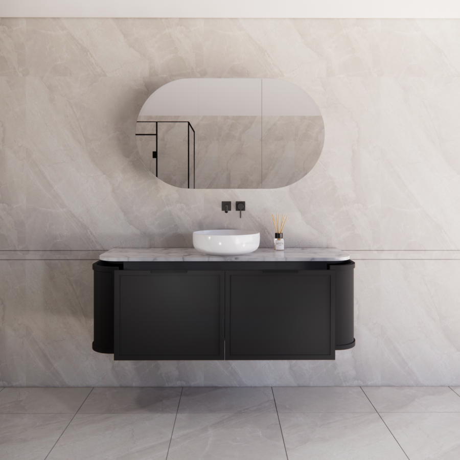 600-1500mm Houston Matt White/Black Plywood Curved Wall Hung Vanity With Variant Color Handle