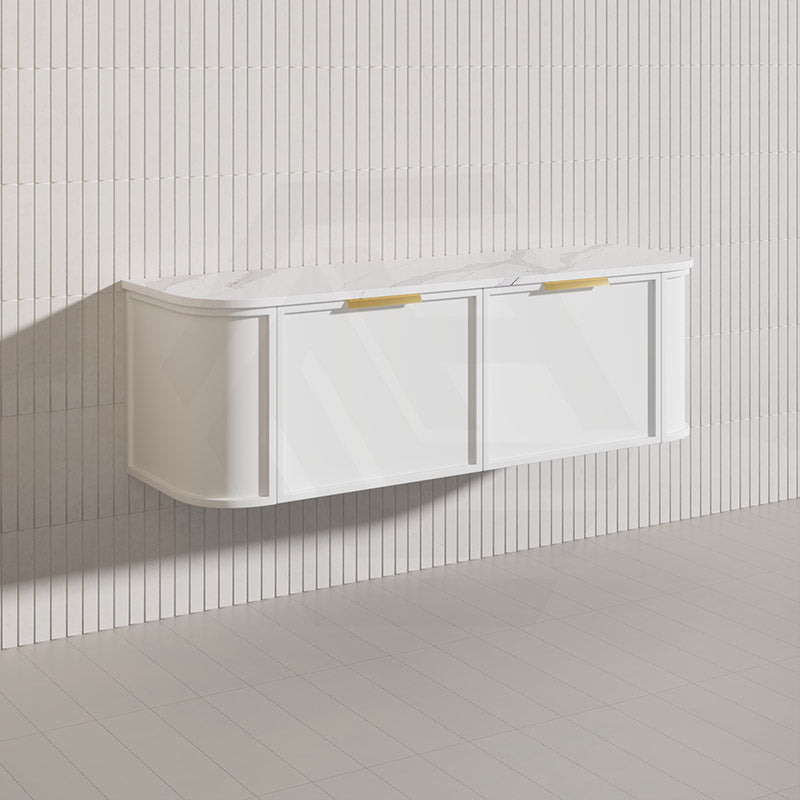 1500mm Houston Plywood Curved Wall Hung Vanity Matt White/Black Single/Double Bowls With Variant Color Handle
