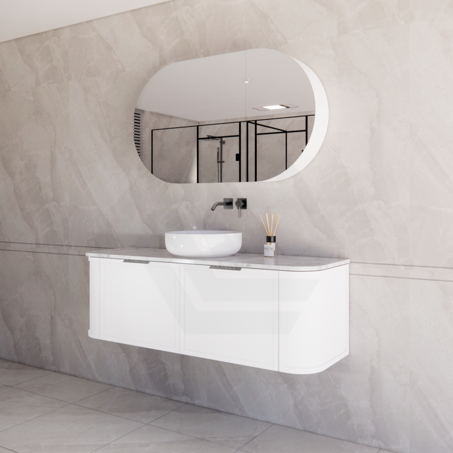 600-1500mm Houston Matt White/Black Plywood Curved Wall Hung Vanity With Variant Color Handle
