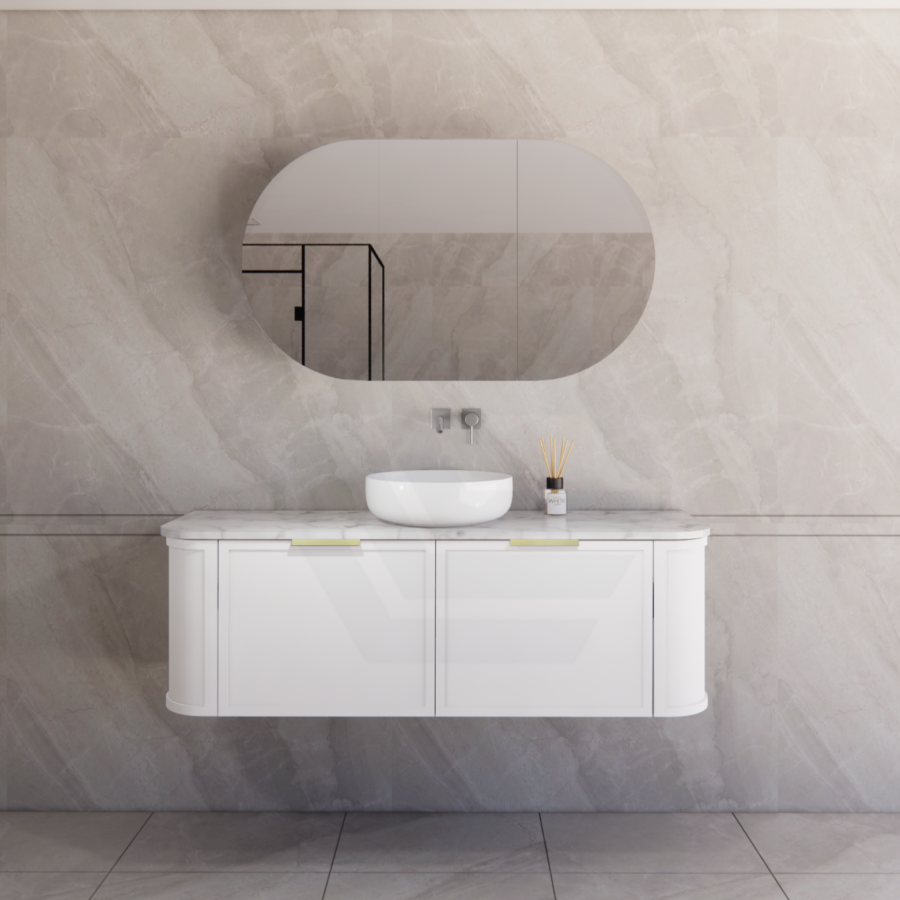 600-1500mm Houston Matt White/Black Plywood Curved Wall Hung Vanity With Variant Color Handle