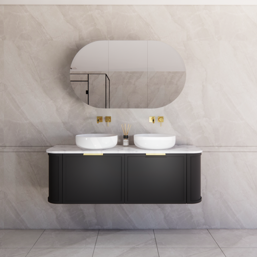 600-1500mm Houston Matt White/Black Plywood Curved Wall Hung Vanity With Variant Color Handle