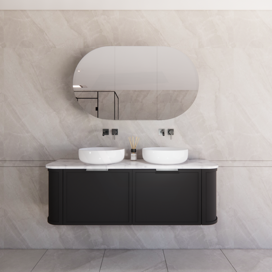 600-1500mm Houston Matt White/Black Plywood Curved Wall Hung Vanity With Variant Color Handle