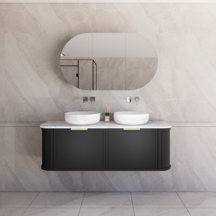 600-1500mm Houston Matt White/Black Plywood Curved Wall Hung Vanity With Variant Color Handle