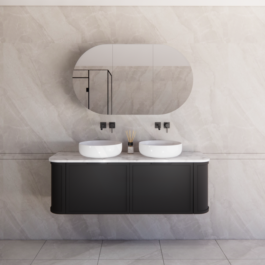 600-1500mm Houston Matt White/Black Plywood Curved Wall Hung Vanity With Variant Color Handle