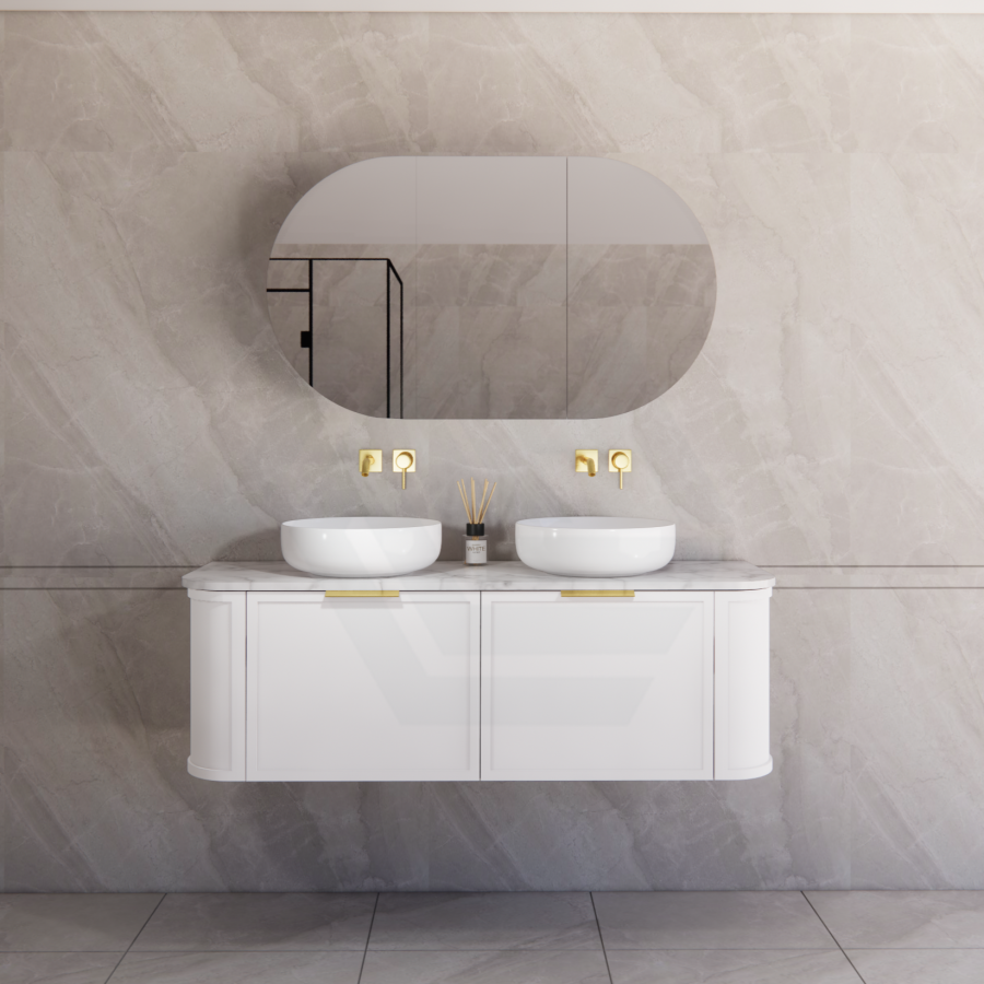 600-1500mm Houston Matt White/Black Plywood Curved Wall Hung Vanity With Variant Color Handle