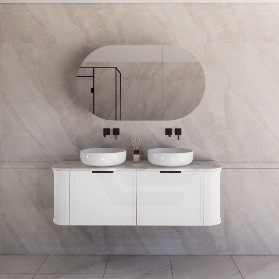 600-1500mm Houston Matt White/Black Plywood Curved Wall Hung Vanity With Variant Color Handle