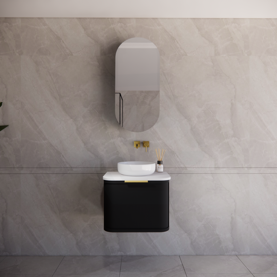 600-1500mm Houston Matt White/Black Plywood Curved Wall Hung Vanity With Variant Color Handle