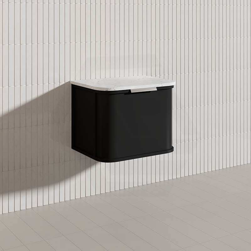 600mm Houston Matt White/Black Plywood Curved Wall Hung Vanity With Variant Color Handle