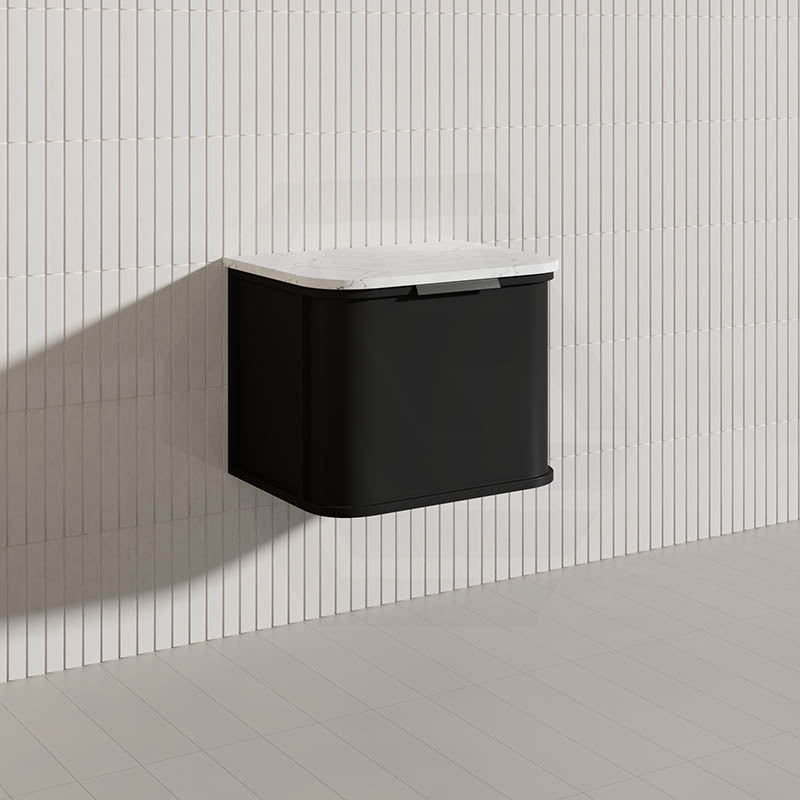 600mm Houston Matt White/Black Plywood Curved Wall Hung Vanity With Variant Color Handle