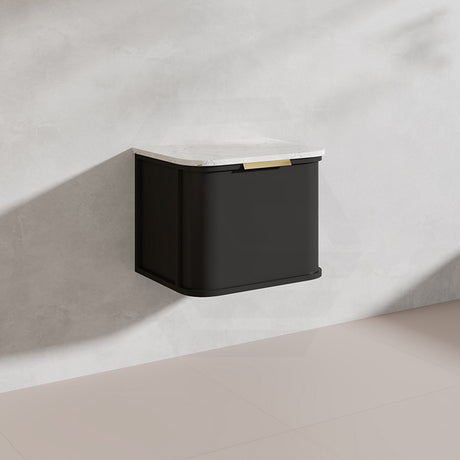600mm Houston Matt White/Black Plywood Curved Wall Hung Vanity With Variant Color Handle