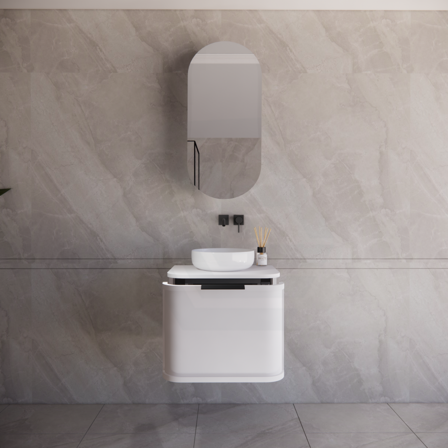 600-1500mm Houston Matt White/Black Plywood Curved Wall Hung Vanity With Variant Color Handle