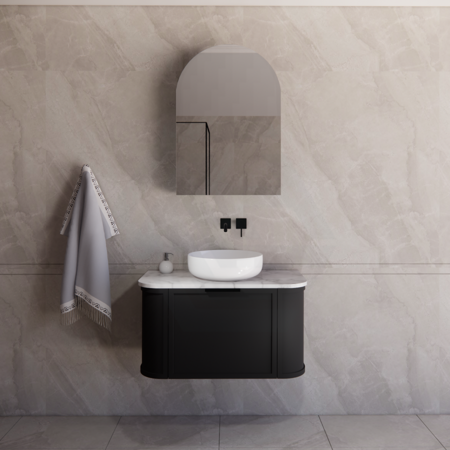 600-1500mm Houston Matt White/Black Plywood Curved Wall Hung Vanity With Variant Color Handle