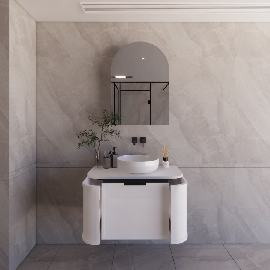 600-1500mm Houston Matt White/Black Plywood Curved Wall Hung Vanity With Variant Color Handle