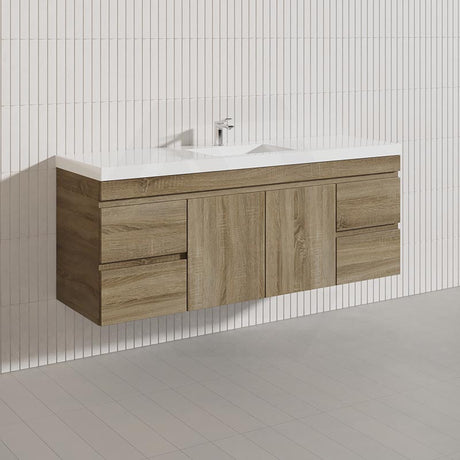 1500mm Wood Grain Bathroom Wall Hung Vanity Cabinet Only & Ceramic/Poly Top Available