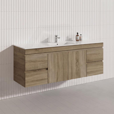 1500mm Wood Grain Bathroom Wall Hung Vanity Cabinet Only & Ceramic/Poly Top Available