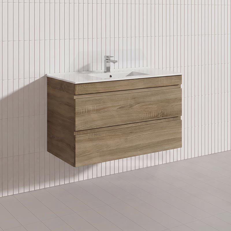 900mm Wood Grain Bathroom Wall Hung Vanity Cabinet Only & Ceramic/Poly Top Available