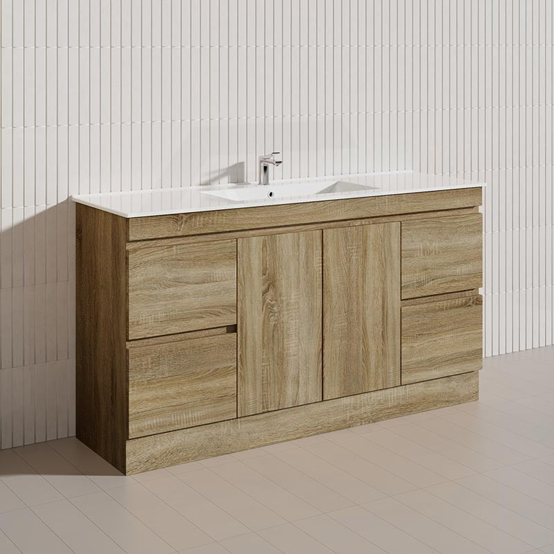 600-1500mm Freestanding Kickboard Bathroom Vanity Light Oak Wood Grain Cabinet Only & Ceramic/Poly Top Available