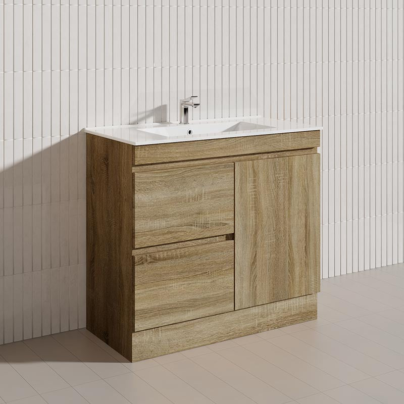 600-1500mm Freestanding Kickboard Bathroom Vanity Light Oak Wood Grain Cabinet Only & Ceramic/Poly Top Available