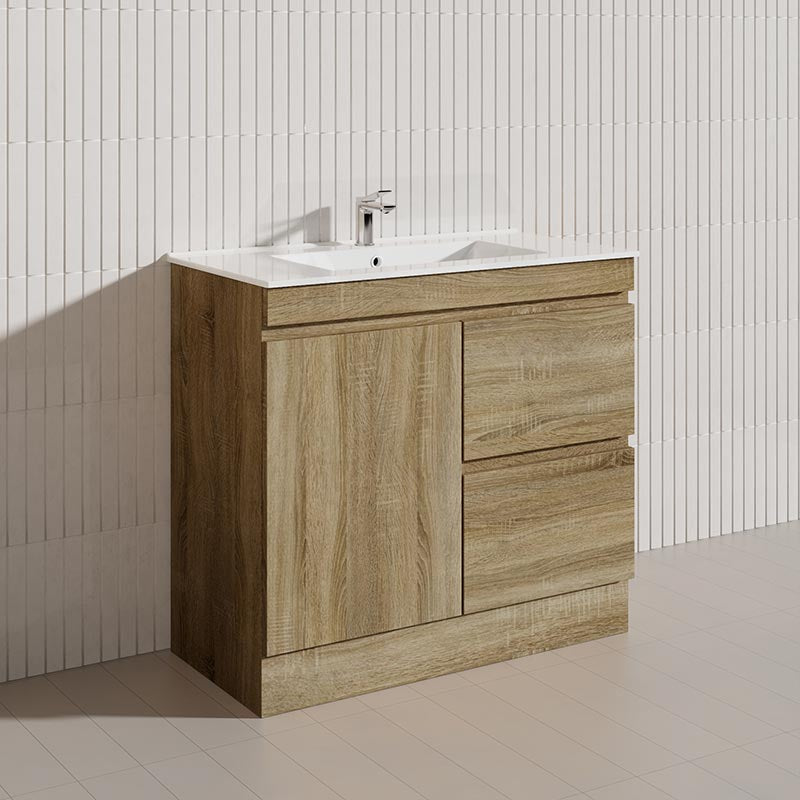 600-1500mm Freestanding Kickboard Bathroom Vanity Light Oak Wood Grain Cabinet Only & Ceramic/Poly Top Available