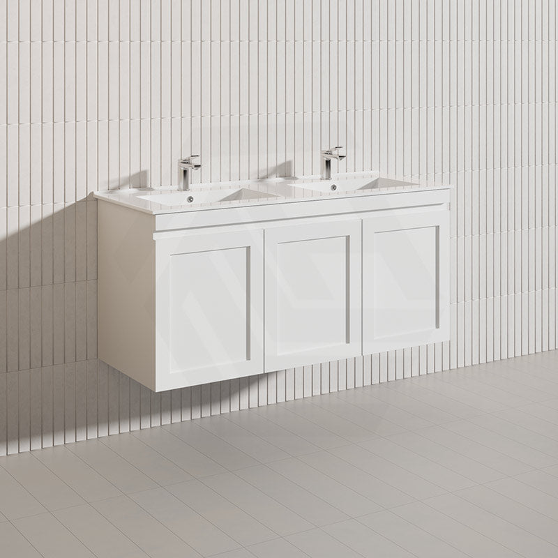 1200mm Miami Plywood Single/Double Bowls Wall Hung Vanity with Left/Right Drawers Cabinet ONLY&Ceramic/Poly Top Available Shaker Hampton Style Matt White