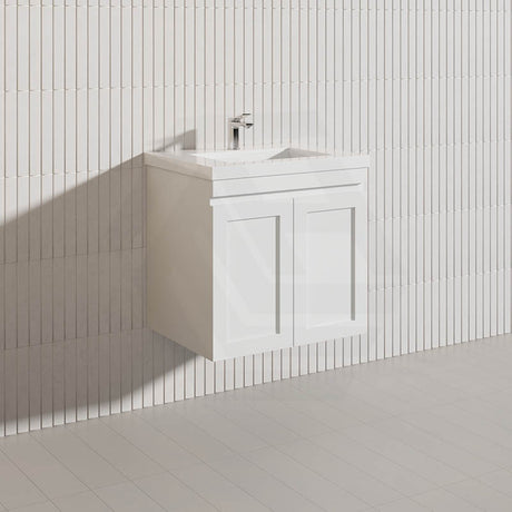 600mm Miami Plywood Wall Hung Vanity Cabinet ONLY & Ceramic/Poly Top Available Shaker Hampton Style Matt White
