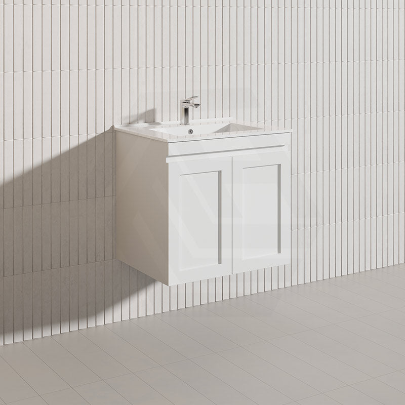 600mm Miami Plywood Wall Hung Vanity Cabinet ONLY & Ceramic/Poly Top Available Shaker Hampton Style Matt White
