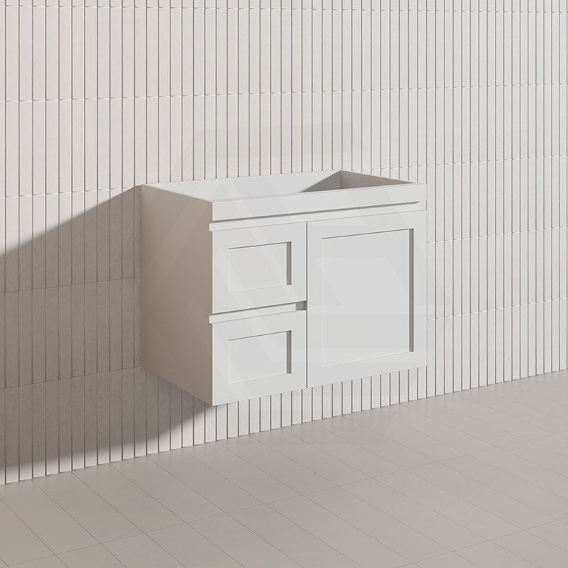 750mm Miami Plywood Wall Hung Vanity with Left/Right Drawers Cabinet ONLY & Ceramic/Poly Top Available Shaker Hampton Style Matt White