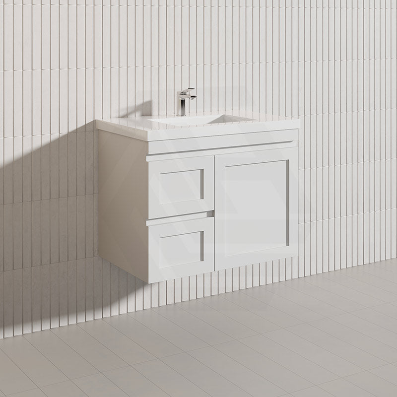 750mm Miami Plywood Wall Hung Vanity with Left/Right Drawers Cabinet ONLY & Ceramic/Poly Top Available Shaker Hampton Style Matt White