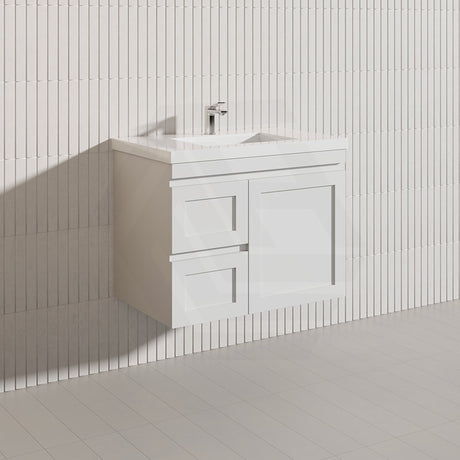 750mm Miami Plywood Wall Hung Vanity with Left/Right Drawers Cabinet ONLY & Ceramic/Poly Top Available Shaker Hampton Style Matt White
