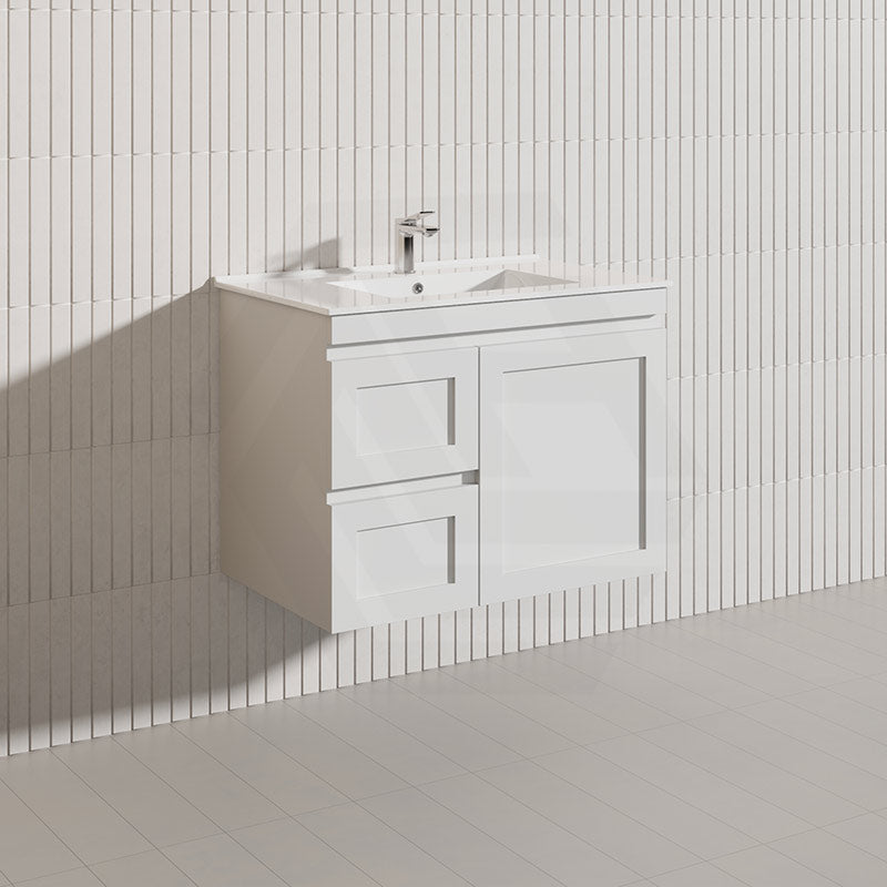 750mm Miami Plywood Wall Hung Vanity with Left/Right Drawers Cabinet ONLY & Ceramic/Poly Top Available Shaker Hampton Style Matt White