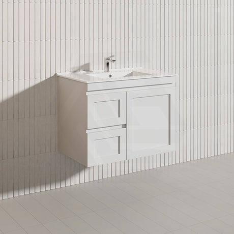 750mm Miami Plywood Wall Hung Vanity with Left/Right Drawers Cabinet ONLY & Ceramic/Poly Top Available Shaker Hampton Style Matt White