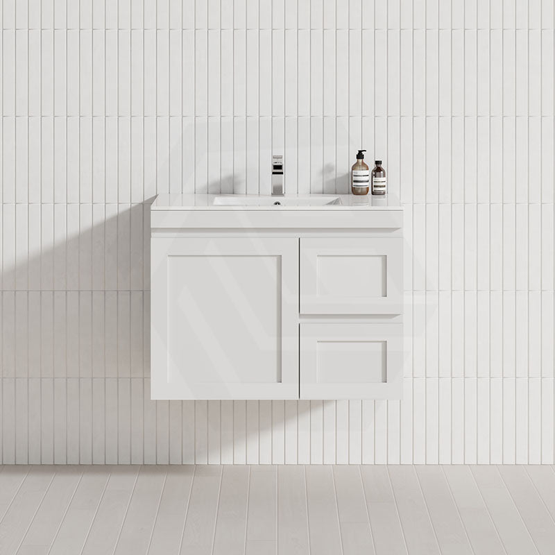 600-1200mm Miami Plywood Wall Hung Bathroom Floating Vanity with Left / Right Drawers MATT WHITE Shaker Hampton Style Cabinet ONLY&Ceramic/Poly Top Available